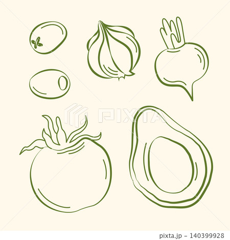 Hand-drawn summer vegetables, tomato, radish, avocado, garlic in line art style for grocery shop, farmers market, packaging Hand-drawn summer vegetables, tomato, radish, avocado, garlic in line art style for grocery shop, farmers market, packaging 140399928