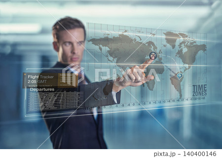 Businessman, click and hologram with future display of digital interface or gui and global. Male person, fintech and software database for presentation with user experience or information technology. Businessman, click and hologram with future display of digital interface or gui and global. Male person, fintech and software database for presentation with user experience or information technology. 140400146
