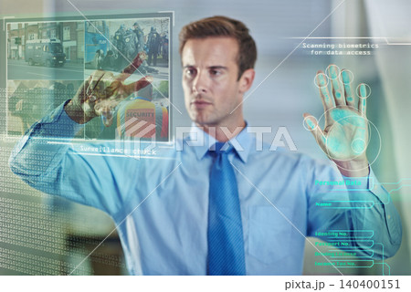 Hands, surveillance or businessman with biometrics scan, hologram or overlay for safety or security. 3d, police database or manager on touchscreen for futuristic protection or graphic investigation Hands, surveillance or businessman with biometrics scan, hologram or overlay for safety or security. 3d, police database or manager on touchscreen for futuristic protection or graphic investigation 140400151