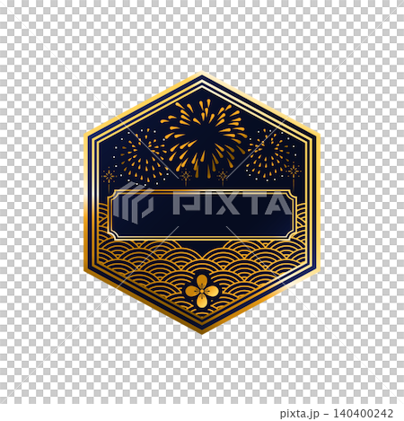 Japanese-style fireworks frame, gold and navy blue hexagonal badge, summer festival celebration design template. Japanese-style fireworks frame, gold and navy blue hexagonal badge, summer festival celebration design template. 140400242