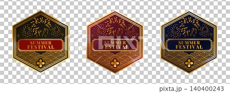 Summer Festival Badge Set: Fireworks and Japanese-style summer festival label design with gold emblem. 140400243