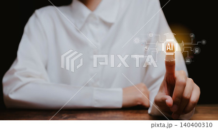 Person Pointing at AI Symbol with Technology Icons Conceptualization, Business concept. 140400310