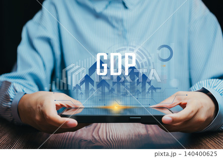 Economic growth concept. Businessman analyzing GDP and financial development using digital tablet with data visualization chart showing upward trend in market economy. 140400625