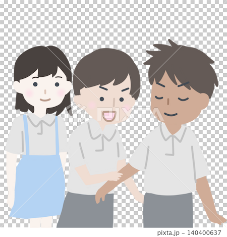 插圖描繪了三名小學生在暑假後新學期開始時,與他們曬成古銅色的朋友們興奮地聊天。 插圖描繪了三名小學生在暑假後新學期開始時,與他們曬成古銅色的朋友們興奮地聊天。 140400637