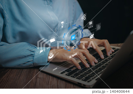 Automation concept. Hands typing laptop with AI agent dashboard, workflow optimization, digital productivity enhancement, smart process management, intelligent task efficiency. Automation concept. Hands typing laptop with AI agent dashboard, workflow optimization, digital productivity enhancement, smart process management, intelligent task efficiency. 140400644