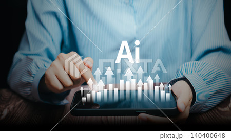 Innovation concept. Business hand tapping smartphone with AI rising arrows, digital growth strategy, data optimization, automation workflow efficiency, future analytics performance. 140400648