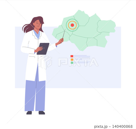 Doctor Epidemiologist shows endemic zone and spread of disease on GIS map for data analysis. Female scientist Doctor Epidemiologist shows endemic zone and spread of disease on GIS map for data analysis. Female scientist 140400868