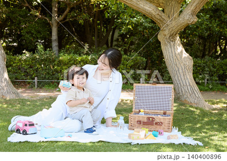 公園でピクニックを楽しむ母親と幼い男の子 140400896