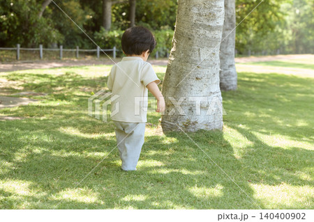 夏の公園の芝生を歩く幼児の後ろ姿 夏の公園の芝生を歩く幼児の後ろ姿 140400902