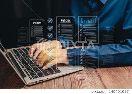 Business Professional Analyzing Policies on Laptop with Digital Document Interface, Business concept Business Professional Analyzing Policies on Laptop with Digital Document Interface, Business concept 140401037