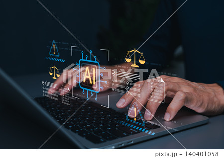 AI governance and digital law compliance concept. Lawyer hands typing on laptop to audit artificial intelligence algorithmic ethics rules policy guidelines and risk warning icons. regulatory control AI governance and digital law compliance concept. Lawyer hands typing on laptop to audit artificial intelligence algorithmic ethics rules policy guidelines and risk warning icons. regulatory control 140401058