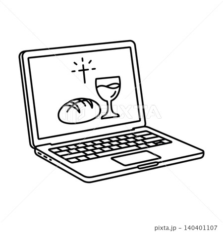 Virtual mass and digital communion concept. Laptop computer with eucharist bread, wine goblet, and Christian cross. Minimalist black and white line art. Virtual mass and digital communion concept. Laptop computer with eucharist bread, wine goblet, and Christian cross. Minimalist black and white line art. 140401107