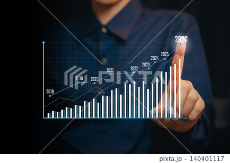 Growth projection concept. Hand pointing rising chart timeline, market trend insight, financial forecasting, business performance improvement, investment planning strategy, economic progress. Growth projection concept. Hand pointing rising chart timeline, market trend insight, financial forecasting, business performance improvement, investment planning strategy, economic progress. 140401117