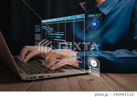 Project management concept. Hands typing with digital Gantt chart, scheduling insight, workflow planning accuracy, productivity improvement, task coordination, operational efficiency model. 140401118