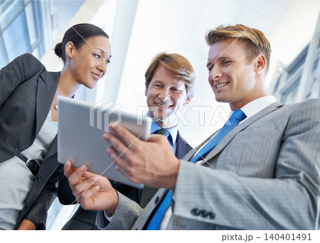Business people, tablet and communication for project in office, collaboration and unity for proposal. Coworkers, workplace and teamwork for reading a report, support and discussion or networking 140401491