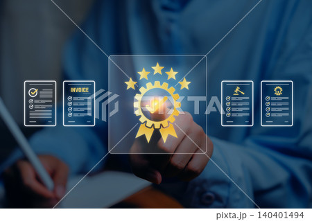 ISO concept. Quality assurance certification, business professional approving verified compliance documents and audit standards, operational excellence and governance concept ISO concept. Quality assurance certification, business professional approving verified compliance documents and audit standards, operational excellence and governance concept 140401494