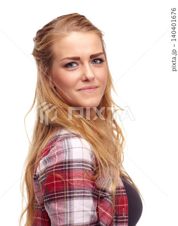 Model, studio and portrait with turn, fashion and smile with confidence and positivity. Woman, style and proud with happiness, relax and attitude with face and glow isolated on white background 140401676