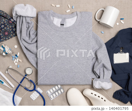 Blank grey unisex sweatshirt mockup with medical accessories top view, print on demand template 140401795