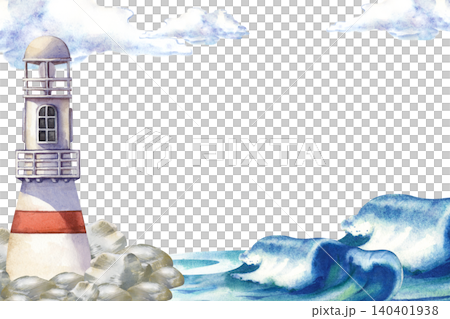 Watercolor marine landscape rectangular frame with hand-drawn lighthouse on rocks and blue sea waves on isolated background 140401938