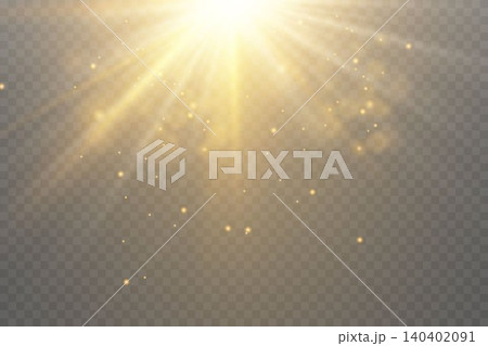 Golden light rays creating a beautiful lens flare effect with sparkling optical dust 140402091