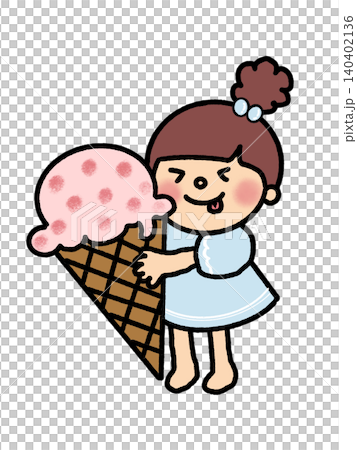 A cute girl with loose, fluffy bun hair holding a large ice cream cone, wearing a dress. A cute girl with loose, fluffy bun hair holding a large ice cream cone, wearing a dress. 140402136