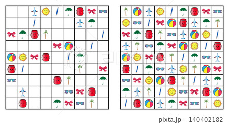 Large 9x9 summer picture sudoku logic game for kids and adults with travel elements Large 9x9 summer picture sudoku logic game for kids and adults with travel elements 140402182