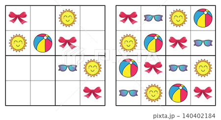 Kids 4x4 picture sudoku game worksheet with bow sun beach ball and sunglasses Kids 4x4 picture sudoku game worksheet with bow sun beach ball and sunglasses 140402184