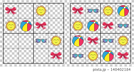 Kids 4x4 picture sudoku game worksheet with bow sun beach ball and sunglasses Kids 4x4 picture sudoku game worksheet with bow sun beach ball and sunglasses 140402184