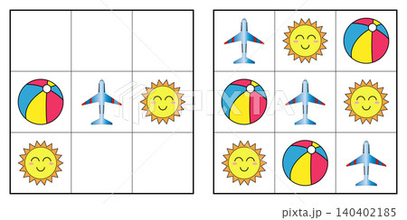 Simple 3x3 picture sudoku logic puzzle for toddlers with airplane sun and beach ball Simple 3x3 picture sudoku logic puzzle for toddlers with airplane sun and beach ball 140402185