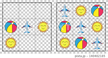 Simple 3x3 picture sudoku logic puzzle for toddlers with airplane sun and beach ball Simple 3x3 picture sudoku logic puzzle for toddlers with airplane sun and beach ball 140402185