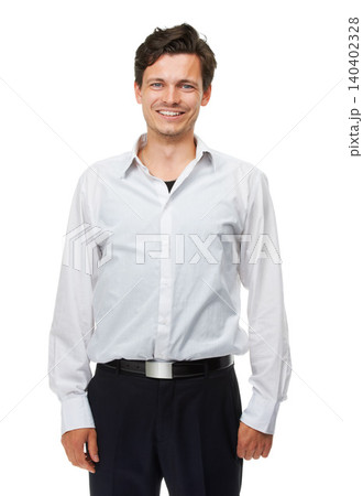 Man, career and smile with studio, portrait and happiness for corporate job. Businessman, professional accountant and confident for work, startup and style for positivity isolated on white background Man, career and smile with studio, portrait and happiness for corporate job. Businessman, professional accountant and confident for work, startup and style for positivity isolated on white background 140402328