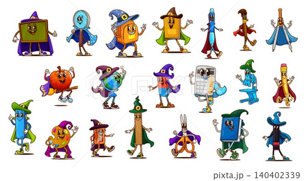 Halloween groovy school supply characters of retro hippie stationery vector personages in witch and wizard hats. Cartoon y2k book, pencil, pen and ruler. Funny groovy globe and calculator characters 140402339