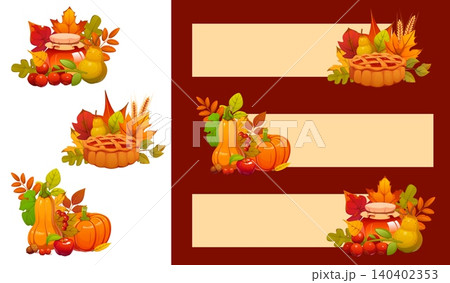 Thanksgiving and autumn season banners with seasonal harvest and fall leaves in vector. Thanksgiving holiday banners with autumn harvest of pumpkins and pears with honey jar, apple pie and acorns Thanksgiving and autumn season banners with seasonal harvest and fall leaves in vector. Thanksgiving holiday banners with autumn harvest of pumpkins and pears with honey jar, apple pie and acorns 140402353