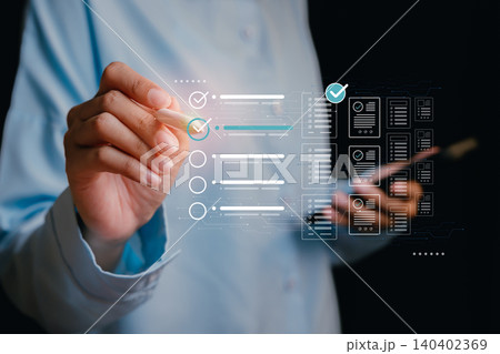 Businessman Take an assessment. Digital Checklist and Document Management for Streamlined Workflow Concepts in Professional Environment 140402369