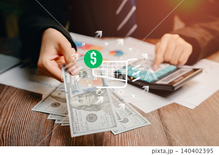 Person Holding Cash with Shopping Cart Icon Illustrating E-commerce and Financial Transactions in Modern Business, Business concept 140402395