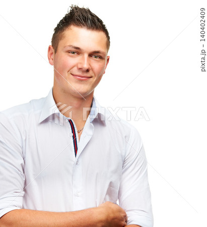 Confident, businessman and casual smile for studio portrait, happy and isolated on white background. Professional, person and formal shirt for retail store manager, career and pride on backdrop Confident, businessman and casual smile for studio portrait, happy and isolated on white background. Professional, person and formal shirt for retail store manager, career and pride on backdrop 140402409