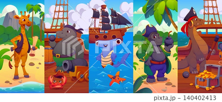 Cartoon animal pirates and corsair characters on Caribbean island at ship deck with treasure chests. Funny animal pirates, dinosaur captain with hippo boatswain and shark corsair with giraffe skipper Cartoon animal pirates and corsair characters on Caribbean island at ship deck with treasure chests. Funny animal pirates, dinosaur captain with hippo boatswain and shark corsair with giraffe skipper 140402413