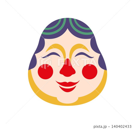 Smiling Otafuku face mask icon with red cheeks and closed eyes evoking joyful luck and celebration for Japanese New Year festival season. Female folk character symbol of happiness and Asian tradition Smiling Otafuku face mask icon with red cheeks and closed eyes evoking joyful luck and celebration for Japanese New Year festival season. Female folk character symbol of happiness and Asian tradition 140402433