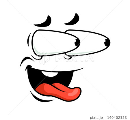 Goofy cartoon face emoji with oversized goggle eyes, open smiling mouth and red tongue sticking out. Comic character playful expression, silly and mischievous emotion for stickers, avatars, emoticons 140402528