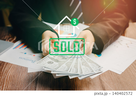 Sold concept. Business Transaction with Cash and Sold Sign for Real Estate Investment and Financial Success Sold concept. Business Transaction with Cash and Sold Sign for Real Estate Investment and Financial Success 140402572