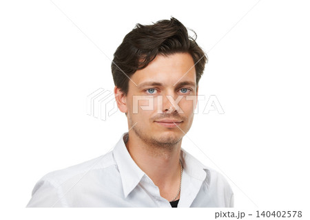 Confidence, man and portrait for fashion, clothes and modelling in casual outfit on white background in edgy apparel, trendy style and smile. Male person, face and chic shirt isolated in studio Confidence, man and portrait for fashion, clothes and modelling in casual outfit on white background in edgy apparel, trendy style and smile. Male person, face and chic shirt isolated in studio 140402578