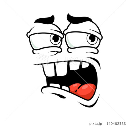 Funny cartoon face showing furious and outraged emotion. Comic emoji character with heavy squinting eyes, deep furrowed brows and wide screaming mouth with teeth and red tongue. Anger emotion for game Funny cartoon face showing furious and outraged emotion. Comic emoji character with heavy squinting eyes, deep furrowed brows and wide screaming mouth with teeth and red tongue. Anger emotion for game 140402588