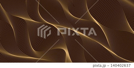 Swoosh golden stripe line waves background, sand or ribbon luxury golden flow pattern. Gold metallic flowing linear streaks. Elegant textured bg, luxury abstract backdrop conveys motion or depth 140402637