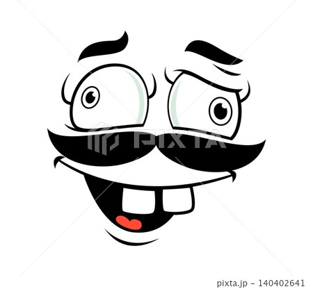 Cartoon playful goofy face emoji with bold black mustache, wide eyes, buck teeth and small red tongue. Comic character expression conveying silly, happy and surprised emotion for fun communication 140402641