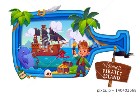 Paper cut bottle shape with kids pirates and sail ship with corsairs characters at sea. Paper cut bottle frame with kids pirates on cartoon sailboat in sea with treasure chest for Caribbean adventure Paper cut bottle shape with kids pirates and sail ship with corsairs characters at sea. Paper cut bottle frame with kids pirates on cartoon sailboat in sea with treasure chest for Caribbean adventure 140402669