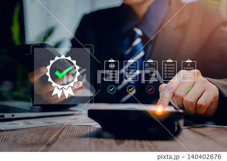 Quality assurance certification, businessman verifying checklist with approval badge and compliance documents on digital interface, audit process and standard validation concept Quality assurance certification, businessman verifying checklist with approval badge and compliance documents on digital interface, audit process and standard validation concept 140402676