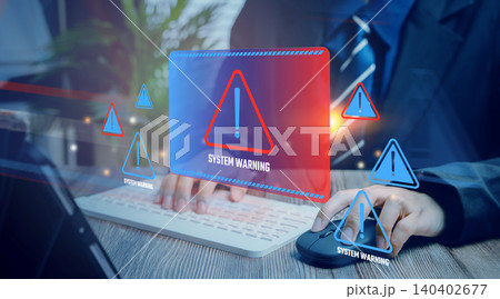 System warning alert, businessman working on computer with digital error notification and risk icons, cybersecurity threat and system failure concept 140402677