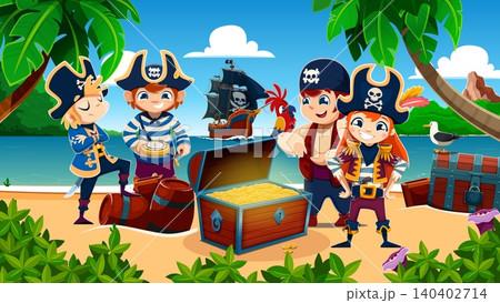 Cartoon funny kid pirates on tropical island with treasures chest, wooden barrels, parrot, compass and corsair ship in ocean, conveying Caribbean adventure, travel, excitement, and fun exploration 140402714