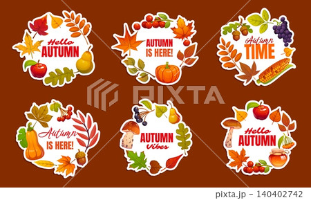 Thanksgiving and autumn round frame banners or vector stickers with harvest. Hello Autumn quotes on banners with harvest of pumpkins, mushrooms and corn with maple and oak leaves for Thanksgiving Day Thanksgiving and autumn round frame banners or vector stickers with harvest. Hello Autumn quotes on banners with harvest of pumpkins, mushrooms and corn with maple and oak leaves for Thanksgiving Day 140402742