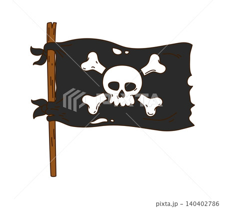 Groovy cartoon Jolly Roger pirate flag on wooden pole featuring skull and crossbones on torn black banner. Bold groovy corsair flag with aged and tattered edges for kids apparel and party decorations Groovy cartoon Jolly Roger pirate flag on wooden pole featuring skull and crossbones on torn black banner. Bold groovy corsair flag with aged and tattered edges for kids apparel and party decorations 140402786